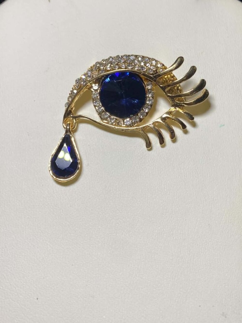 Crying Eye Brooch Goldtone Clear Rhinestone Blue Round Tear Crystals Art Deco